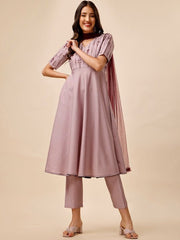 Lavender Ethnic Embroidered Chanderi Cotton A-Line Kurta & Trousers With Dupatta - Inddus.com