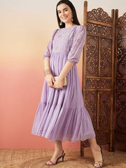 Lavender Floral Embroidered Flared Midi Ethnic Dresses - Inddus.com