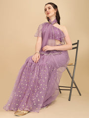 Lavender & Gold-Toned Embellished Sequinned Net Half and Half Saree - Inddus.com
