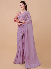 Lavender & Gold-Toned Embroidered Saree - Inddus.com