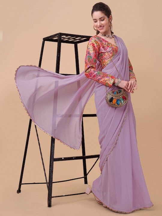 Lavender & Gold-Toned Embroidered Saree - Inddus.com
