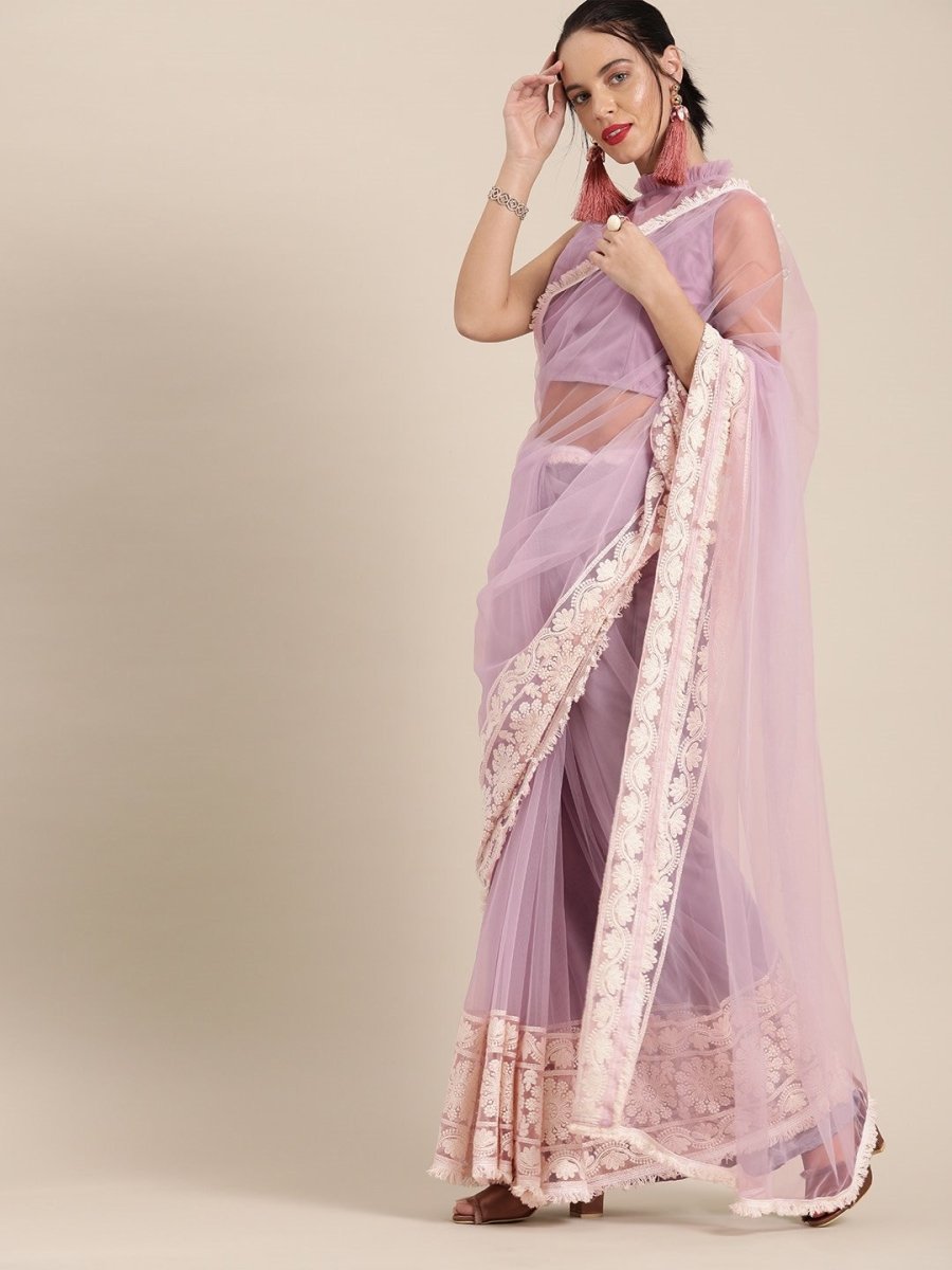 Lavender Net Embroidered Party Wear Traditional Saree - inddus-us