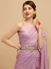 Lavender Organza Saree with Blouse Piece & Embellished Belt - Inddus.com
