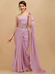 Lavender Organza Saree with Blouse Piece & Embellished Belt - Inddus.com