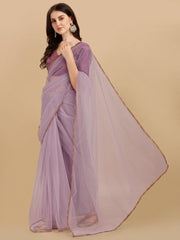Lavender & Purple Woven Design Net Saree - Inddus.com