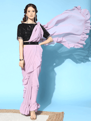 Lavender Solid Ruffle Saree with Contrast Sequins Blouse Piece and belt - Inddus.com