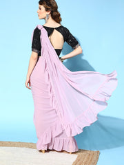 Lavender Solid Ruffle Saree with Contrast Sequins Blouse Piece and belt - Inddus.com