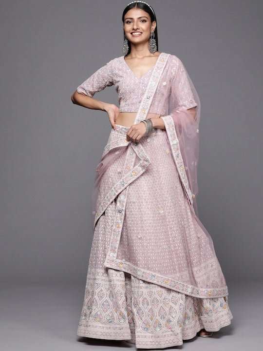 Lavender & White Embroidered Sequinned Semi-Stitched Lehenga & Unstitc ...