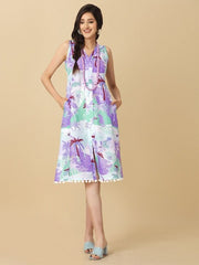 Lavender & White V-Neck Tropical Printed A-Line Dress - Inddus.com