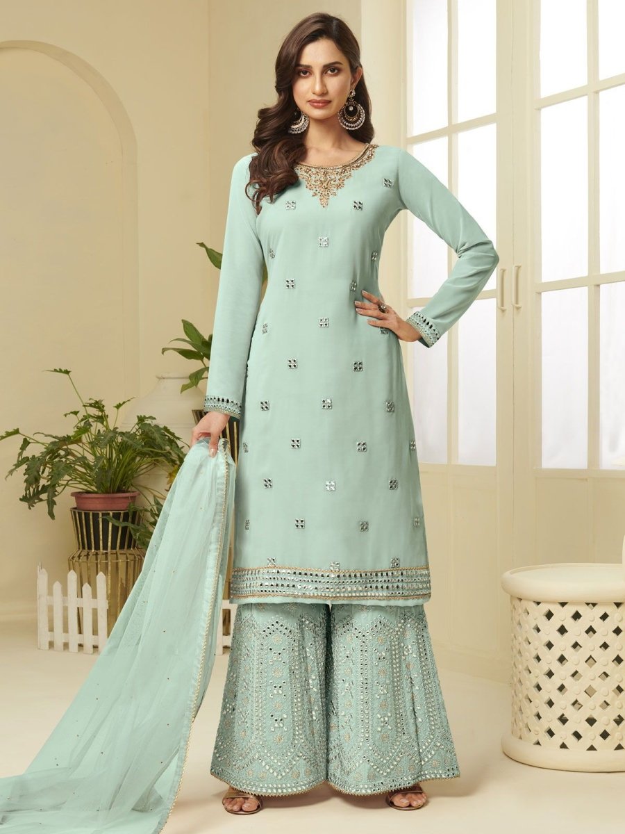 Light Green Georgette Embroidered Palazzo Suit - inddus-us