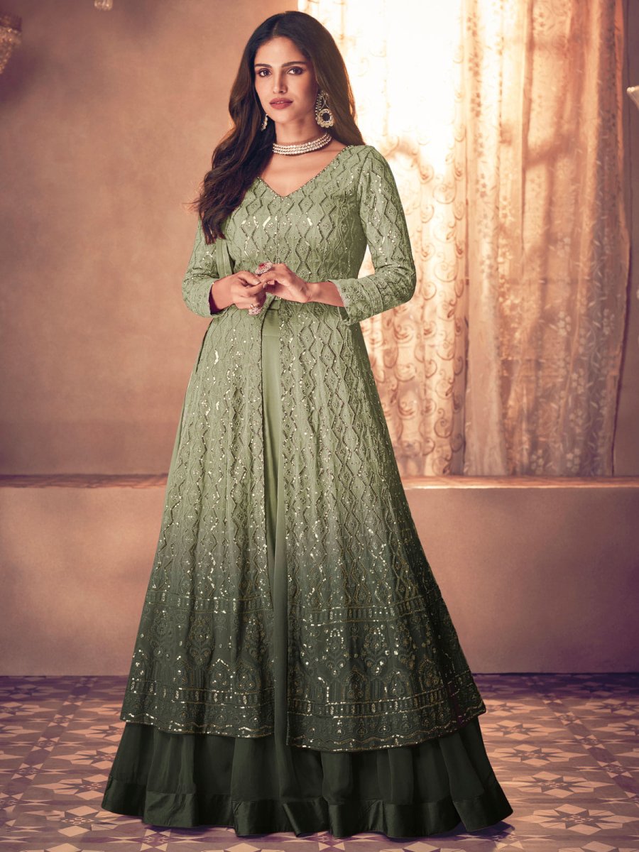 Light Green Georgette Partywear High-Slit-Style-Suit with Lehenga - Inddus.com