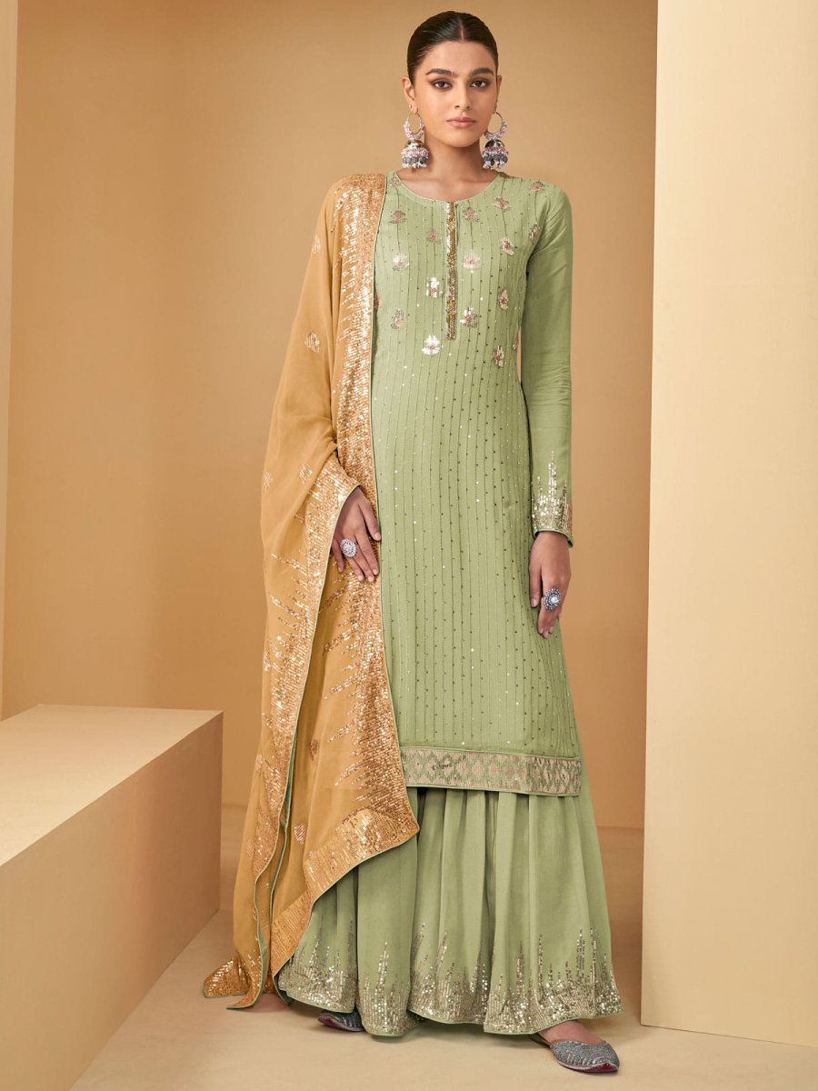 Light Green Georgette Partywear Sharara Style Suit - Inddus.com