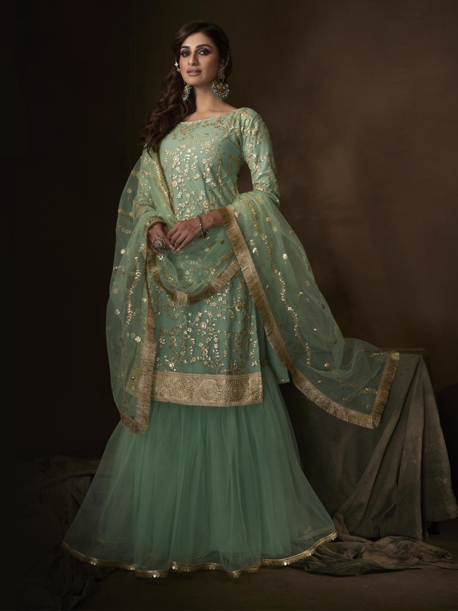 Light Green Net Embroidered Partywear Sharara Suit - inddus-us