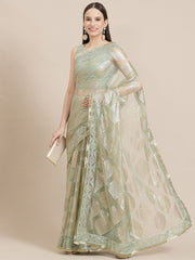 Light Green Sequinned Embroidered Net Saree - Inddus.com