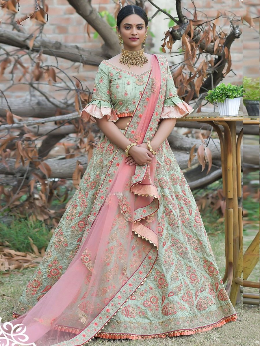 Light Green Silk Embroidered Wedding Lehenga Choli - inddus-us