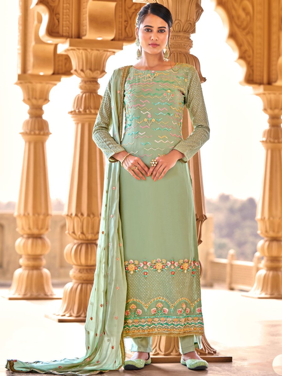 Light Green Viscose Georgette Wedding Pakistani Style Suit - Inddus.com