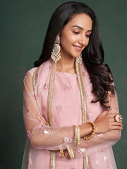 Light Pink Embroidered Partywear Straight-Cut-Suit - Inddus.com