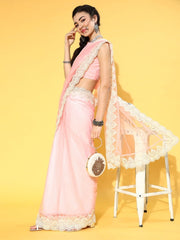 Light Pink Net Saree with Blouse Piece - Inddus.com