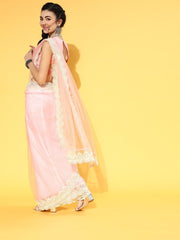 Light Pink Net Saree with Blouse Piece - Inddus.com