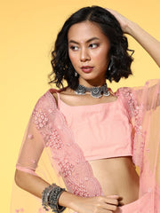 Light Pink Net Solid Top & Palazzo with Sequinned Embroidered Jacket - Inddus.com
