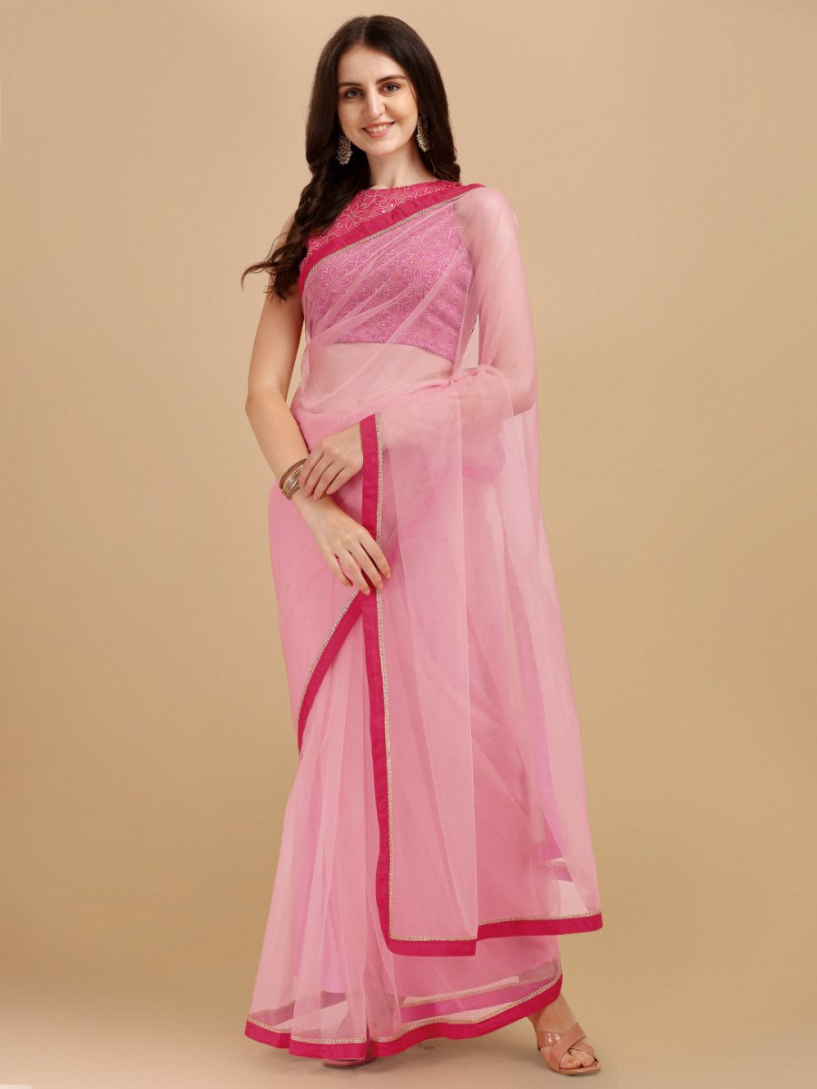 Light Pink Woven Design Net Saree - Inddus.com