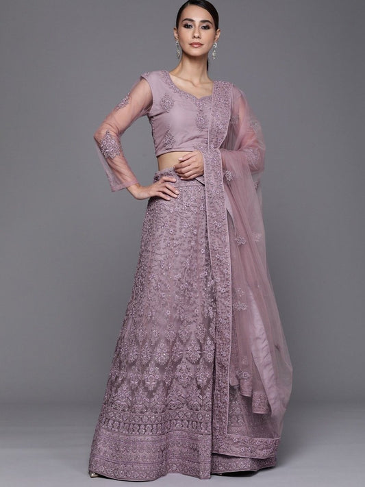 Lilac Embroidered Semistitched Lehenga with Blouse and Net Embroidered Dupatta - inddus-us