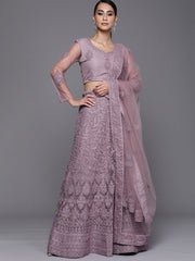 Lilac Embroidered Semistitched Lehenga with Blouse and Net Embroidered Dupatta - inddus-us