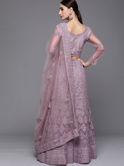 Lilac Embroidered Semistitched Lehenga with Blouse and Net Embroidered Dupatta - inddus-us
