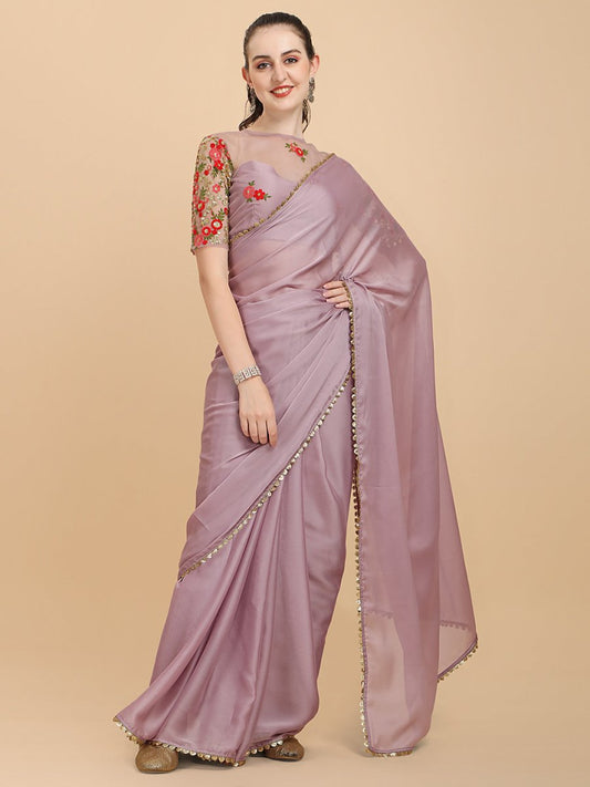 Lilac Embroidered Silk Blend Saree - Inddus.com