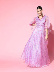 Lilac Floral Digital Print Party Gown - Inddus.com