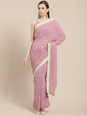 Lilac Floral Embroidered Saree - inddus-us