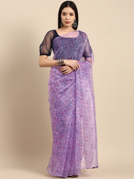 Lilac Floral Print Organza Saree - Inddus.com