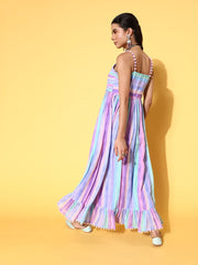 Lilac Georgette Printed Fit and Flare Striped Gown - Inddus.com
