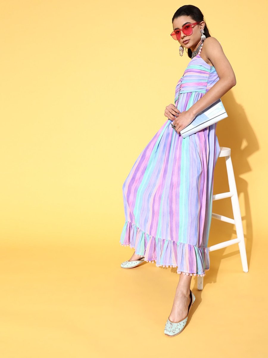 Lilac Georgette Printed Fit and Flare Striped Gown - Inddus.com