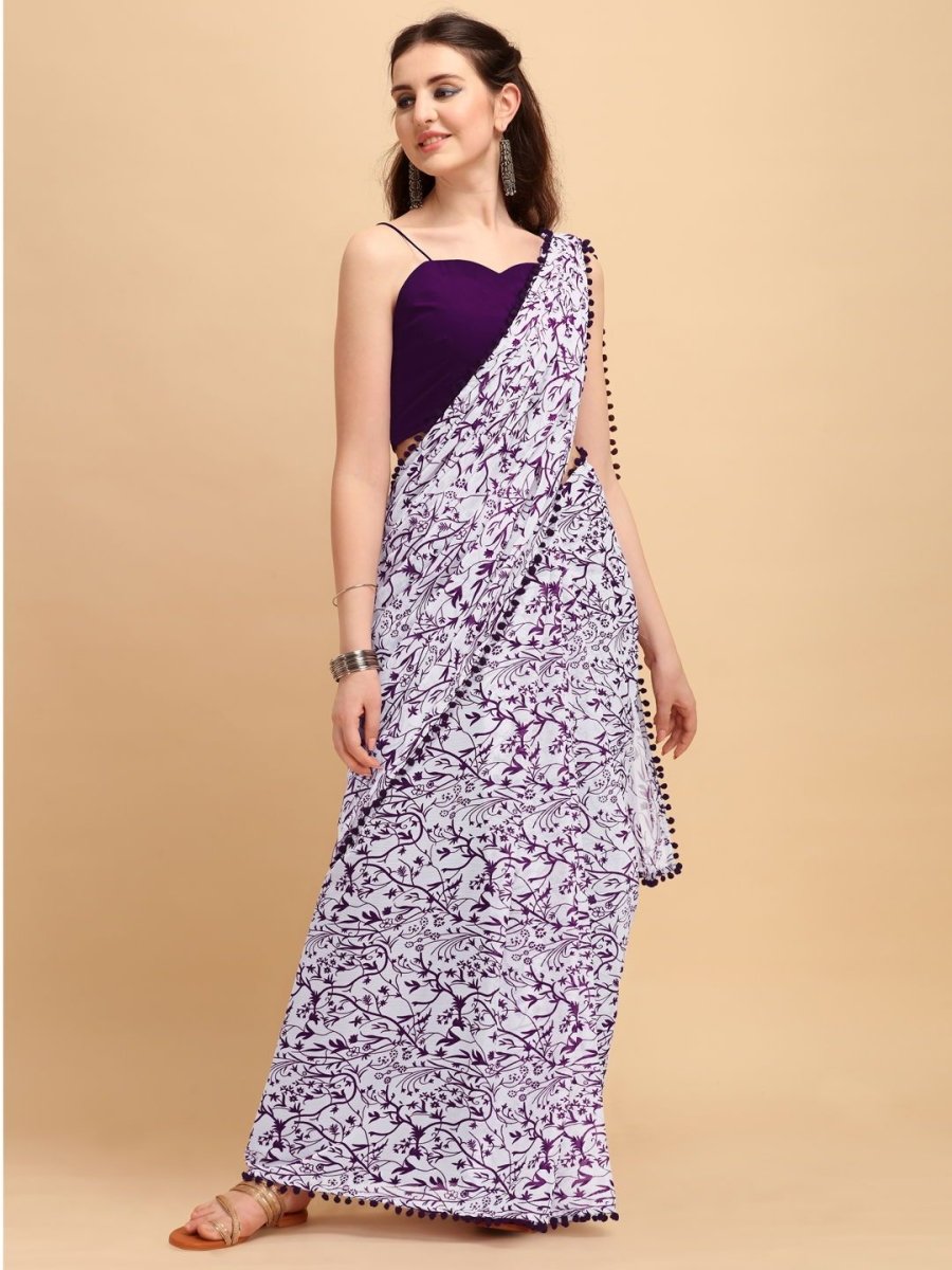 Lilac Printed Saree with Pompom - inddus-us
