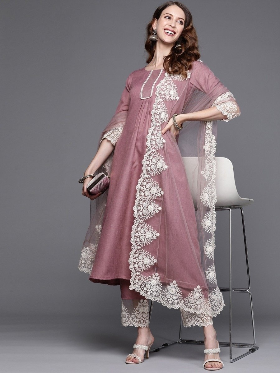Lilac Solid Kurta with Embroidered Pants and Net Embroidered Dupatta - Inddus.com