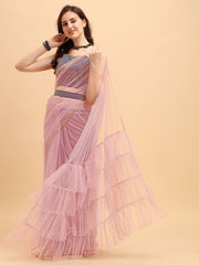Lilac Solid Net Ruffled Saree with Woven Stripped Blouse with Belt - inddus-us
