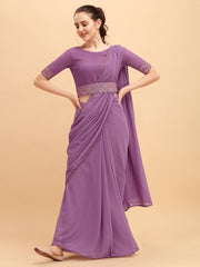 Lilac Solid Saree with Embellished Belt - inddus-us