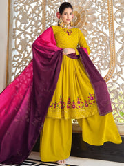 Lime Green Embroidered Partywear Sharara-Style-Suit - Inddus.com