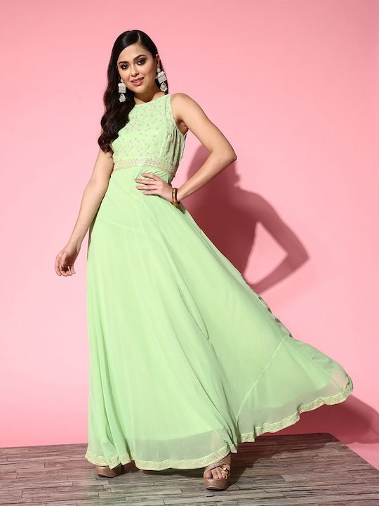 Lime Green Floral Embroidered Georgette Maxi Ethnic Dress - Inddus.com