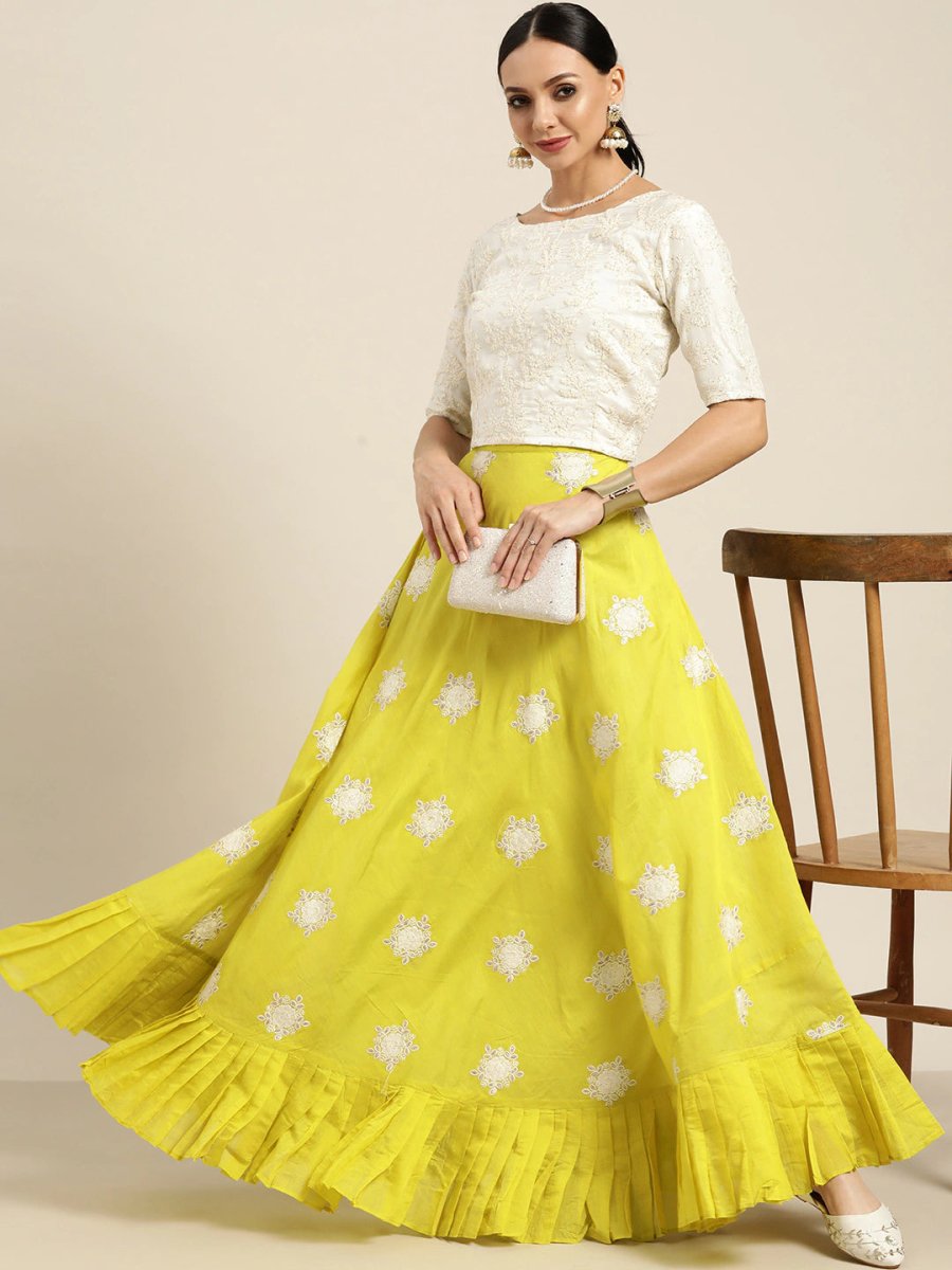 Lime Green & White Embroidered Thread Work Ready to Wear Lehenga & Choli - Inddus.com