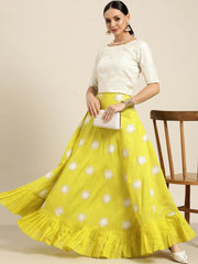 Lime Green & White Embroidered Thread Work Ready to Wear Lehenga & Choli - Inddus.com