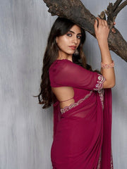 Magenta and gold-toned Embroidered Saree - Inddus.com