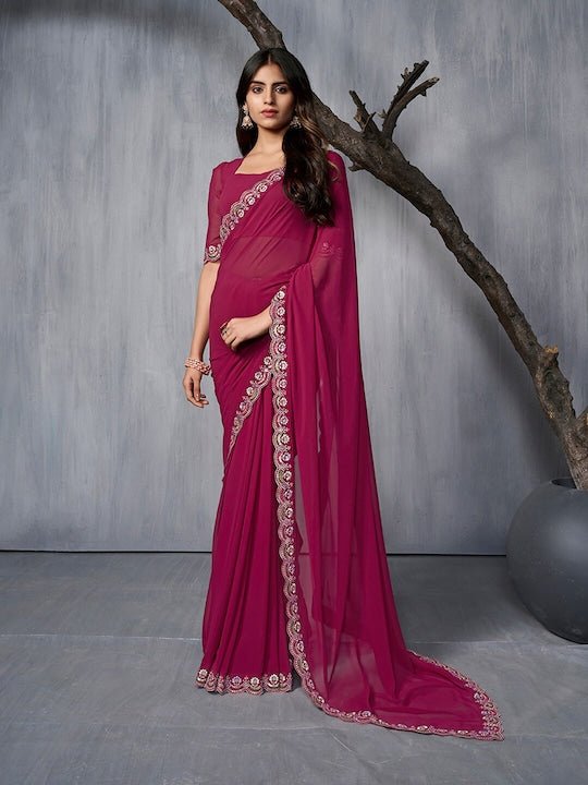 Magenta and gold-toned Embroidered Saree