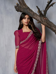 Magenta and gold-toned Embroidered Saree - Inddus.com