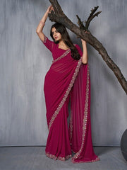Magenta and gold-toned Embroidered Saree - Inddus.com