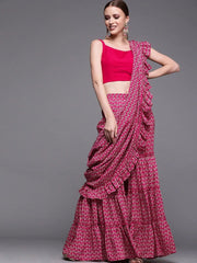 Magenta & Beige Silk Blend Printed Ruffled Sharara Saree - inddus-us