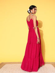 Magenta Embellished Embroidered Georgette Maxi Dress With Belt - Inddus.com