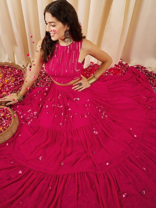Magenta Embellished Sleeveless Crop Top With Skirts - Inddus.com