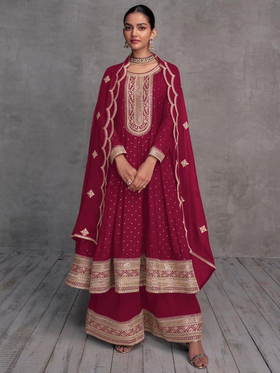 Magenta Embroidered Partywear Palazzo-Suit - Inddus.com